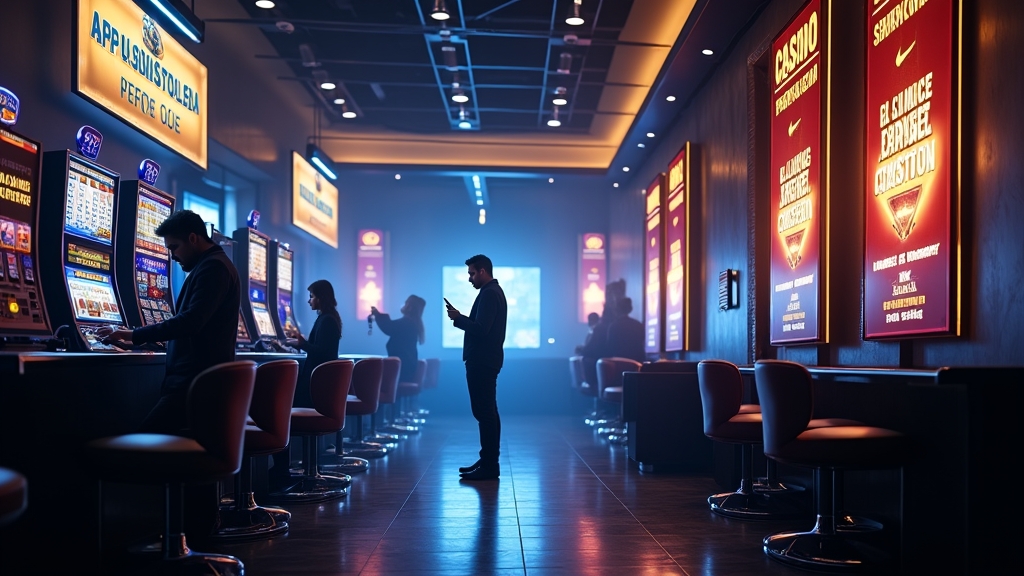 Casino-Flur mit Aktionscode-Anzeige und Bonusbanner in dunkler Atmosphäre