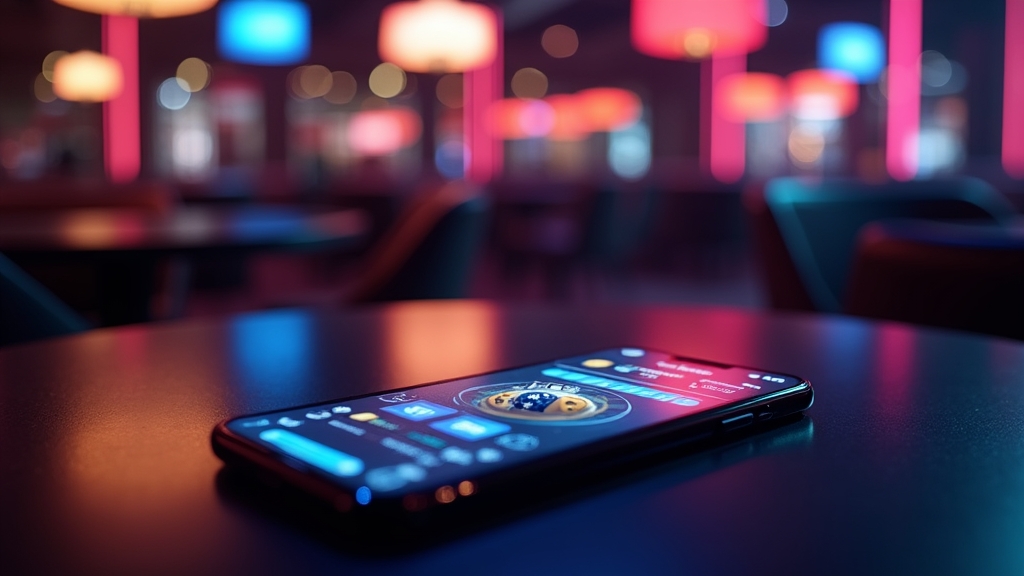 Smartphone mit Download-Ansicht für die Granawin App in einer Casino-Atmosphäre