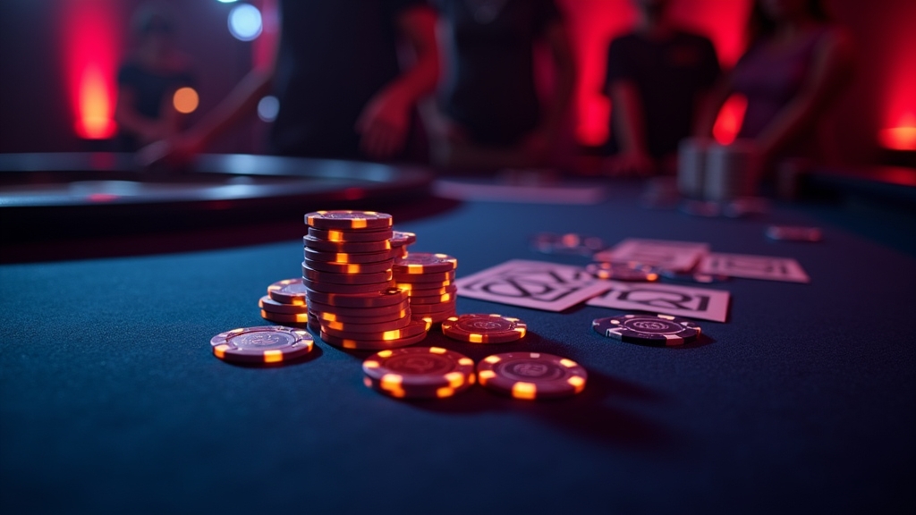 Casino-Tisch mit No-Deposit-Bonus, Freispin-Symbolen und dunkler Neon-Atmosphäre
