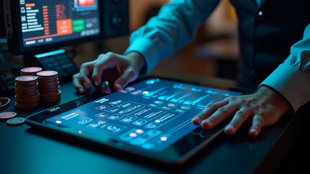 Spieler prüft Zahlungsoptionen im dunklen Casino-Interface