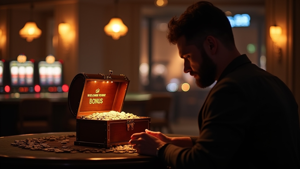 Dunkle Casino-Szene mit leuchtendem Willkommensbonus und Slotmaschinen im Hintergrund